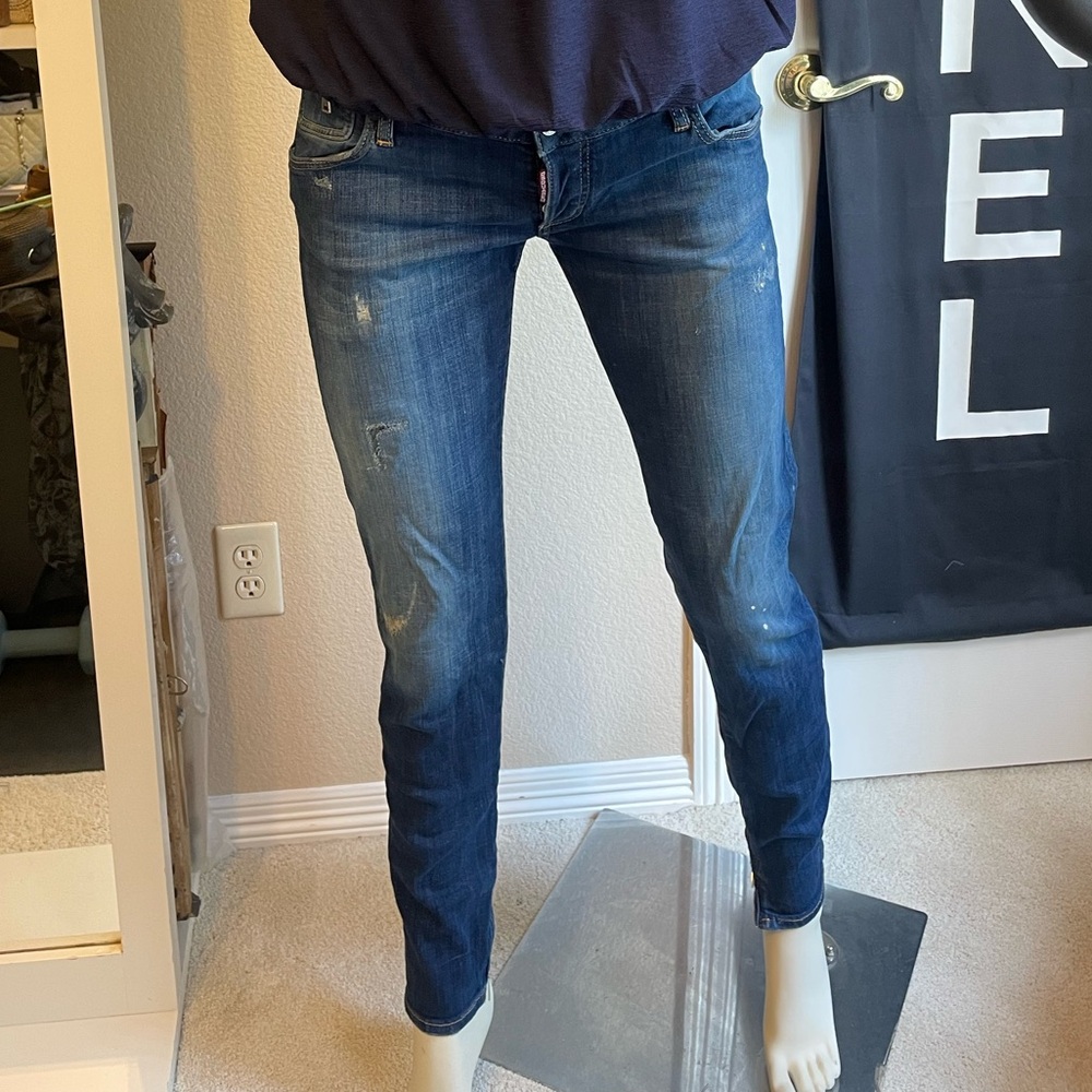 DSQUARED2 Italian Denim skinny distressed paint jeans ankle zippers